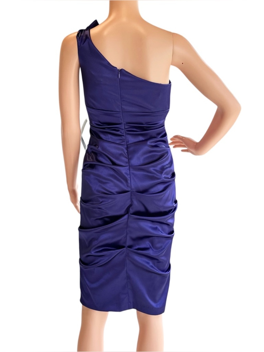 NWT Xscape Cocktail Dress Royal Blue/Purple Ruched One Shoulder Satin Mini Sz 6 - Picture 6 of 12